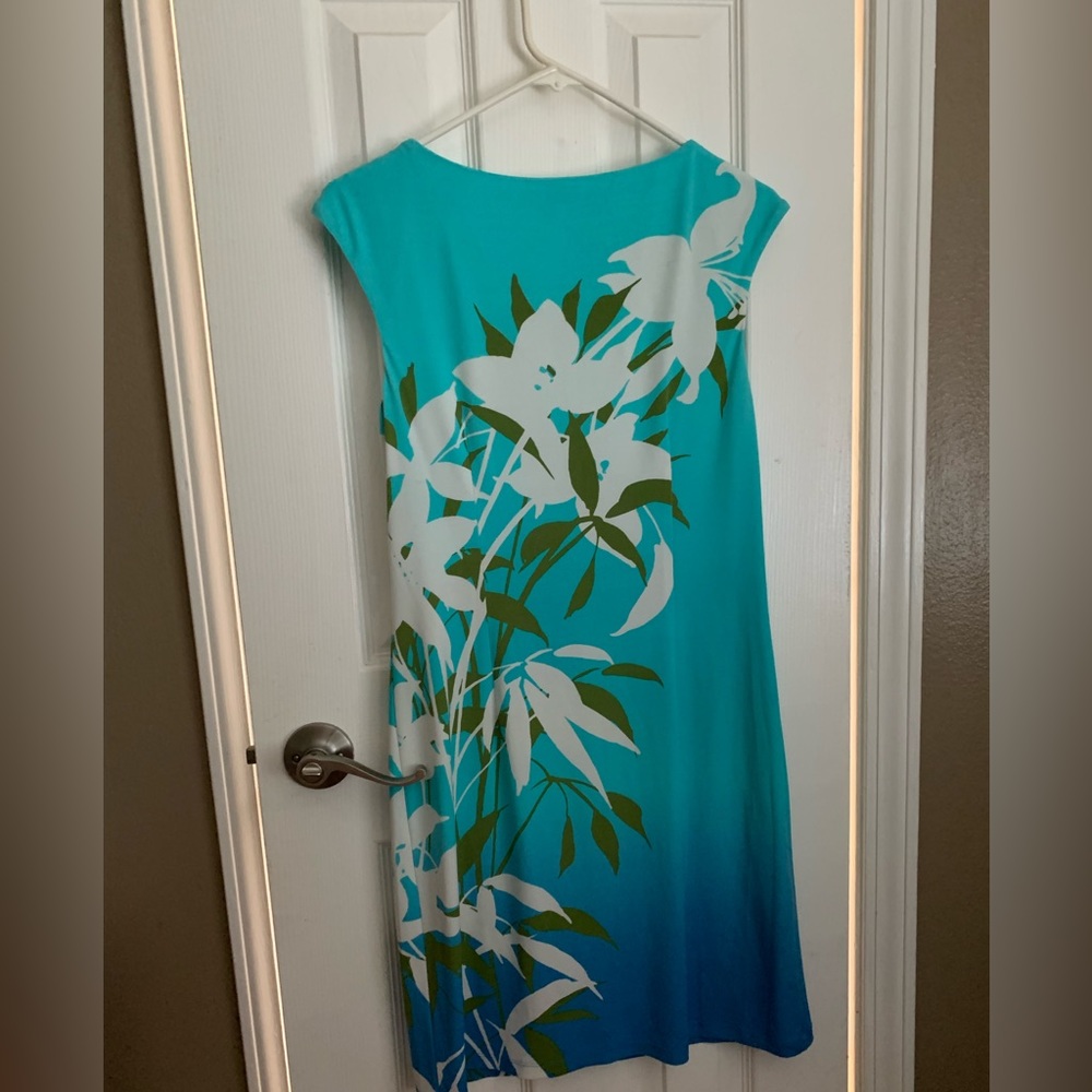 Size 4 summer dress in turquoise,white, and sage. London Times.